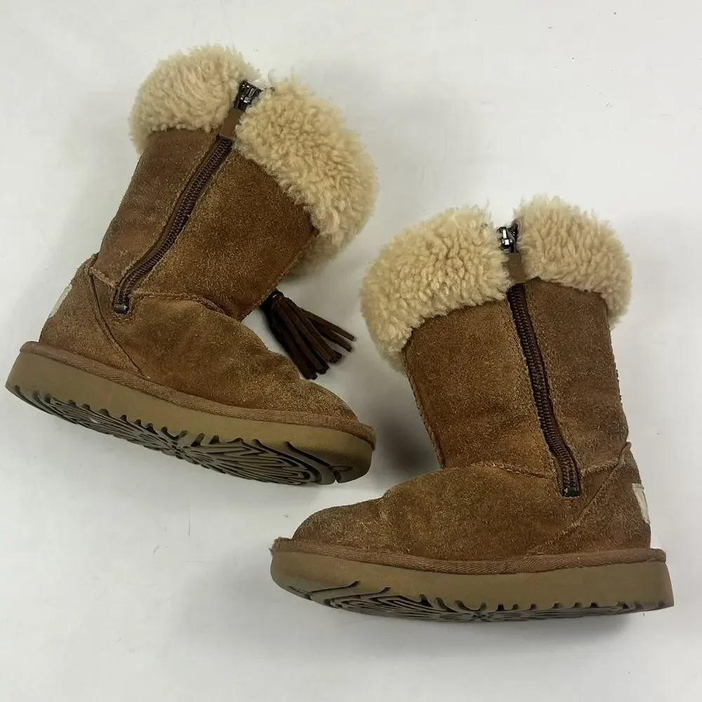 UGG Kids Tacey Boots Toddler Size 8 Brown Suede Shearling Lined Zip Tassel